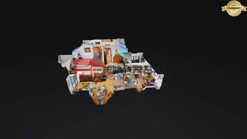 Családi ház belső berendezésének 3D alaprajza. Az egyes helyiségek láthatók.