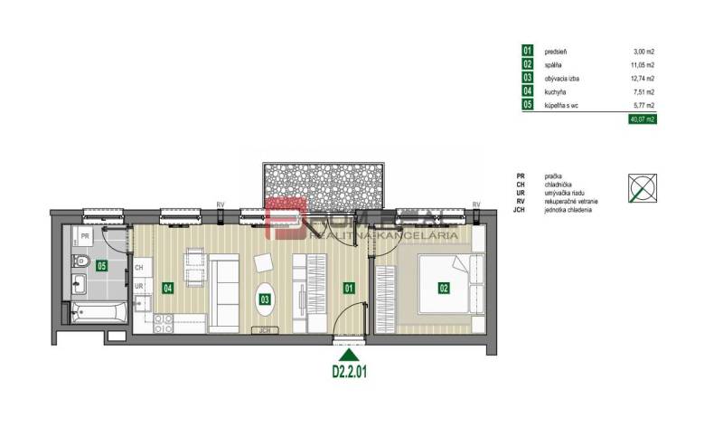 Kétszobás lakás alaprajza 40,07 m² alapterülettel, Limbašská cesta. Hálószoba, nappali, konyha.