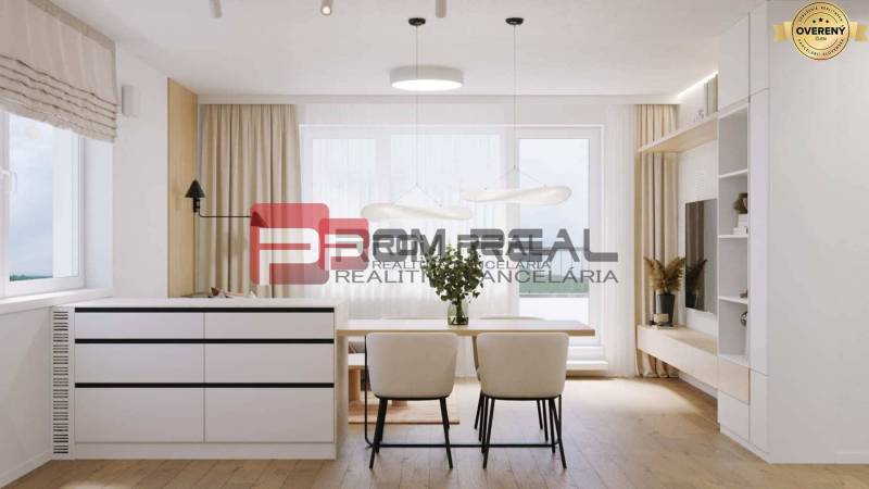 Világos nappali egy modern dizájnnal rendelkező kétszobás lakásban a Limbašská úton.