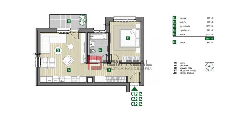 Egy 49,71 m²-es kétszobás lakás alaprajza, amely konyhából, nappaliból, hálószobából és erkélyből áll.