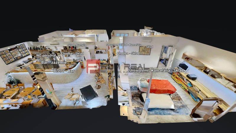 3D alaprajz kereskedelmi helyiségekkel, bisztró-bárral és irodákkal.