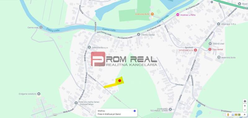 A térkép a Cintorínska és Záhrady környékét mutatja, a tűz Kráľová pri Senci közelében van jelölve.