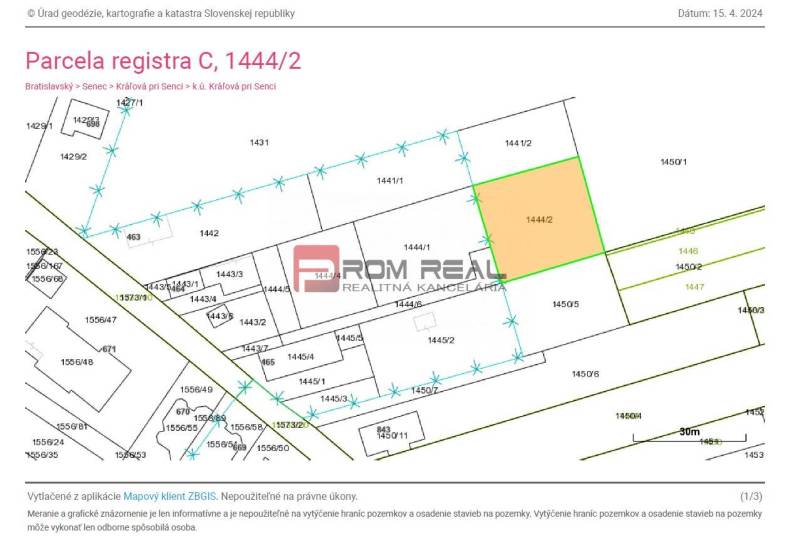 A kataszteri térkép a 1444/2-es telket mutatja a Cintorínska 463 utcában, a Záhrady területen.