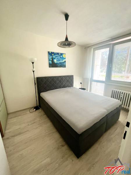 Hálószoba egy háromszobás lakásban ággyal, művészettel a falon és nagy ablakkal.