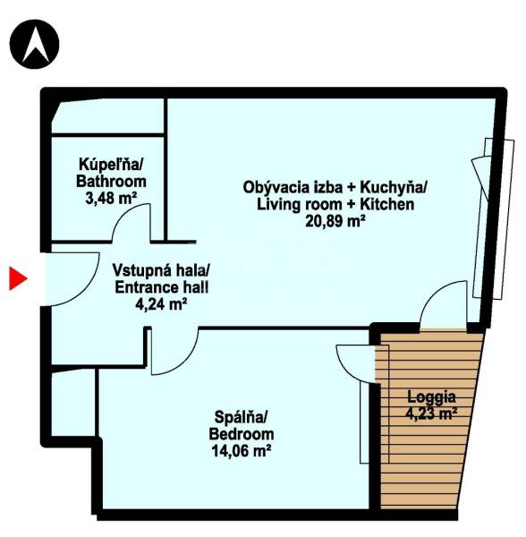 2 szobás lakás alaprajza nappalival és konyhával, hálószobával, fürdőszobával és loggiával.