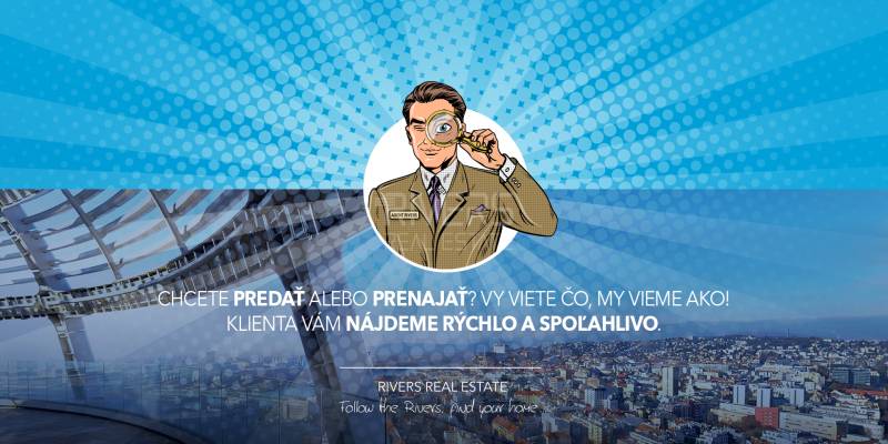 Ügynök nagyítóval kék háttéren, Pribinova utca, 2 szobás lakás ajánlata.