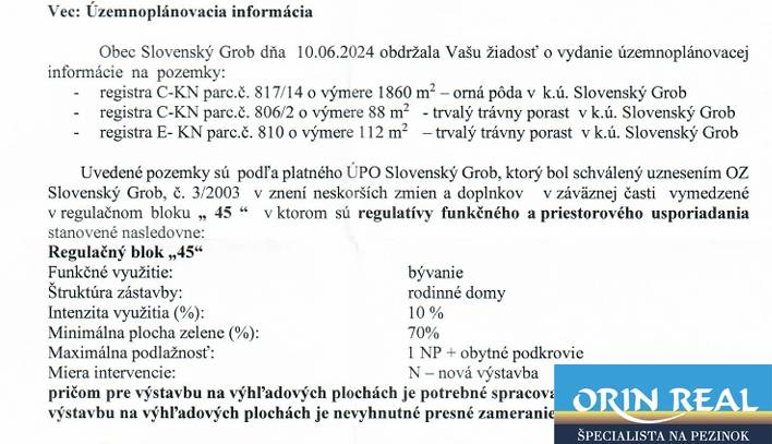 Területrendezési információk a Szlovák Grob községből lakóövezetre kijelölt telkekre vonatkozóan.