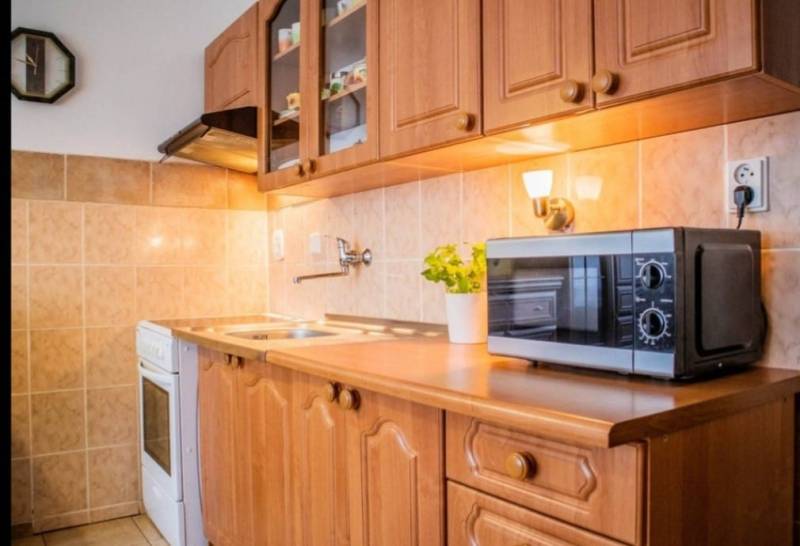 Konyhaszekrény az egyszobás lakásban mikrohullámú sütővel és fa szekrényekkel.