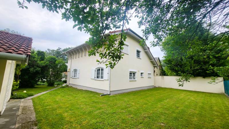 Családi ház Dunaszegen fehér homlokzattal, rendezett kerttel és fákkal.