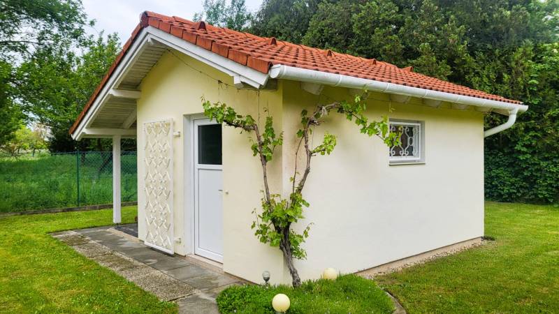Családi ház Dunaszegen piros tetővel, szőlővel és gyepes kerttel.