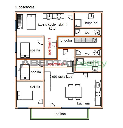 A családi ház első emeletének alaprajza magában foglalja a szobákat, a folyosót, a fürdőszobát és az erkélyt.