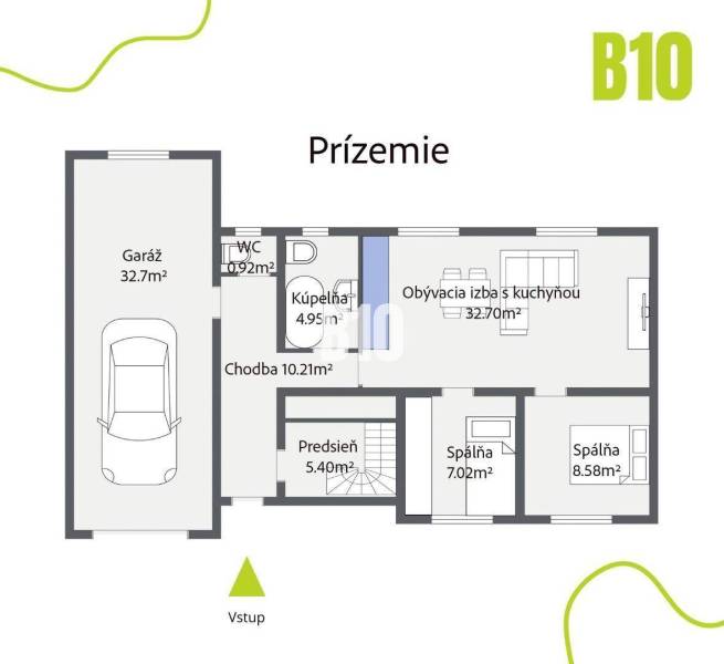 A családi ház földszinti alaprajza garázzsal és nappalival Pozsony - Újvárosban.