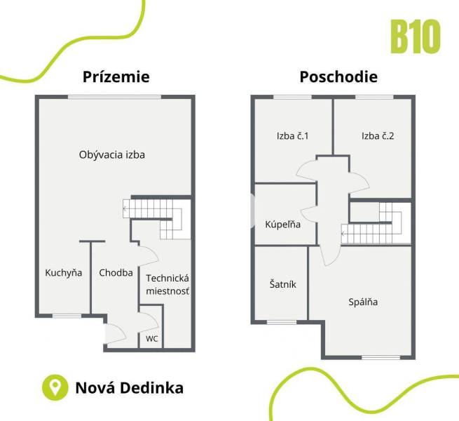Családi ház alaprajza földszinttel és emelettel, helyiségek szobákra és konyhára osztva.