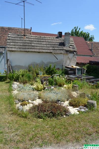 Kert egy régebbi ház mellett, növényzettel és kavicsos ágyásokkal Borsky Svätý Jur-ban.