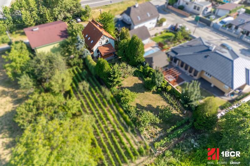 Családi ház és kert madártávlatból a Senecká utcában, Pezinokban.