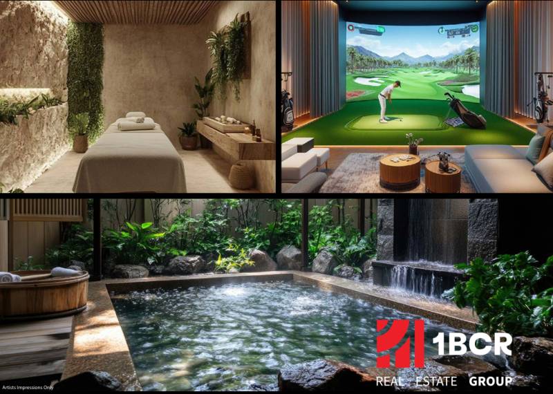 Wellness szoba, golf szimulátor és jacuzzi a lakások építése során.