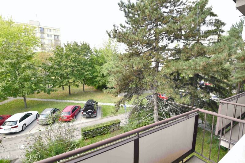 Kilátás egy kétszobás lakásból a pozsonyi Ružinovban, a Smolnícka utcában. Parkolás és zöldterület.