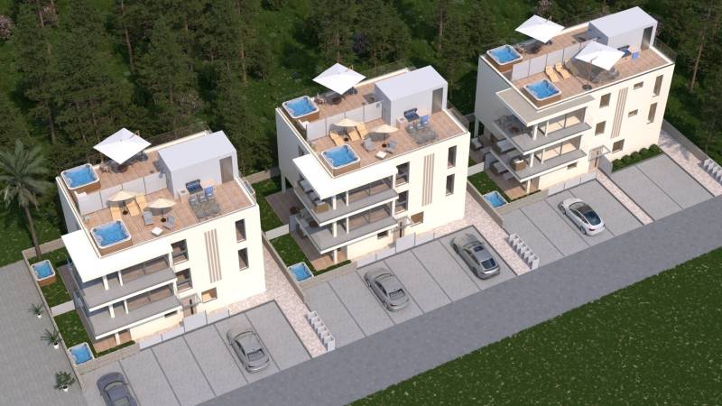 3 modern apartmanépület teraszokkal, jacuzzival és parkolóval, zöldövezetben.