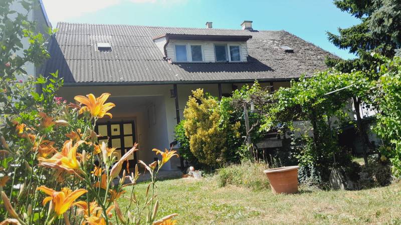 Családi ház Potzneusiedlben virágoskerttel, szőlőskerttel és hagyományos ferde tetős kialakítással.