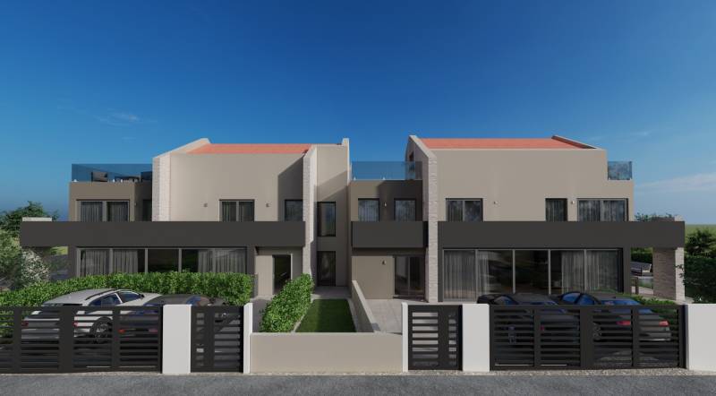 Egy modern építészetű villa Porečben, előtte parkoló és zöldterület található.