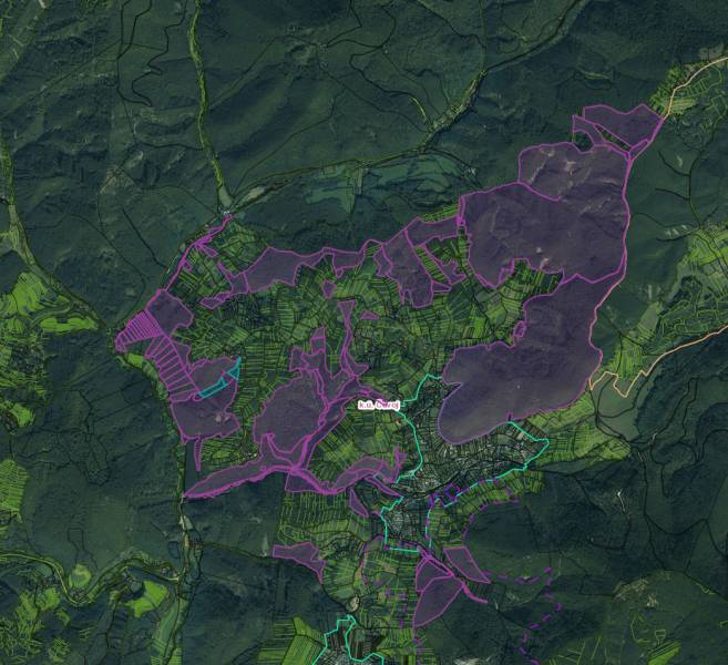 Mezőgazdasági és erdőterületek műholdas térképe Čavoj környékén színes jelölésekkel.