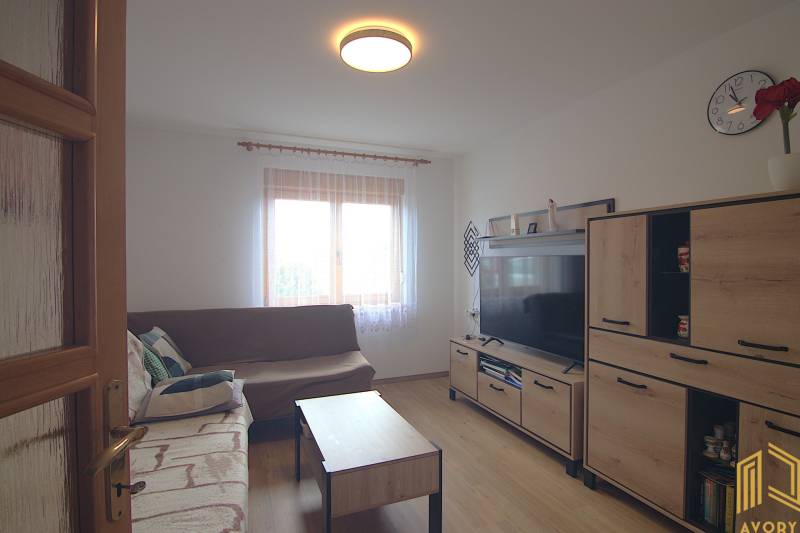 Nappali kanapéval, TV-vel és bútorokkal egy családi házban.