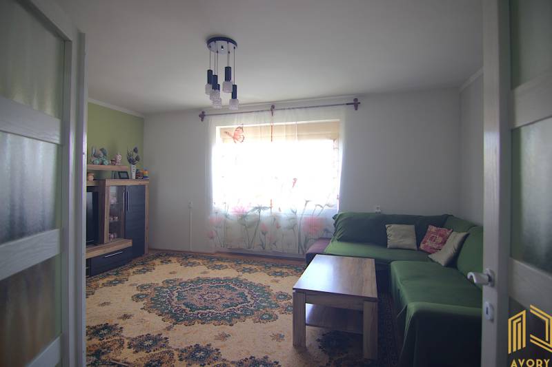 Nappali szoba szőnyeggel, zöld kanapéval és fali szekrénnyel családi házban.