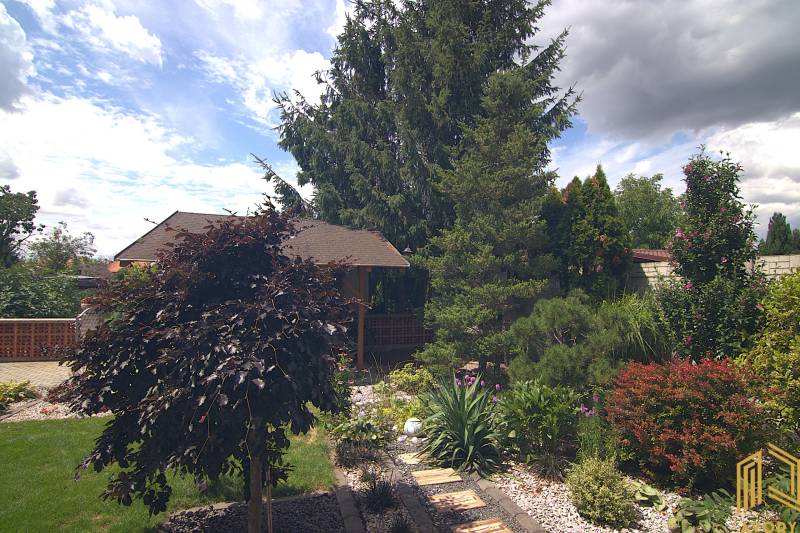 Kerti tér pavilonnal és változatos növényzettel a Sport utcában, Brodskóban.