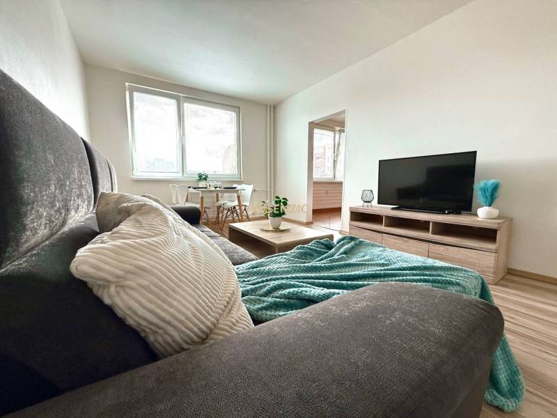 Kényelmes nappali egy 4 szobás lakásban kanapéval, asztallal és televízióval.