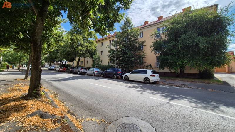 A Párovcami alatt Pöstyénben fák szegélyezik az utat a háromemeletes bérházak mellett.