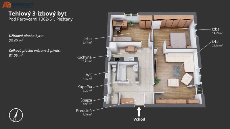 Téglalakás alaprajza három szobával, a szobák és egyéb helyiségek méreteivel.