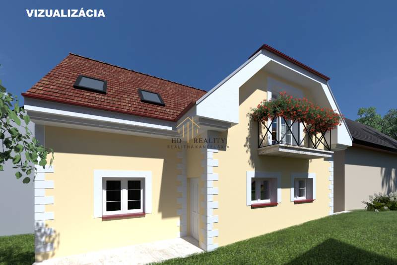 Családi ház Banská Bystricán, a Bánoš-hegyen, sárga homlokzattal, francia erkéllyel.