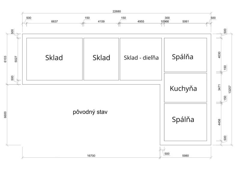 Családi ház alaprajza a következő helyiségekkel: raktár, műhely, hálószobák, konyha.