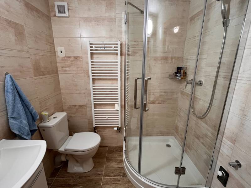 Fürdőszoba WC-vel, zuhanyzóval és létrás radiátorral egy családi házban.