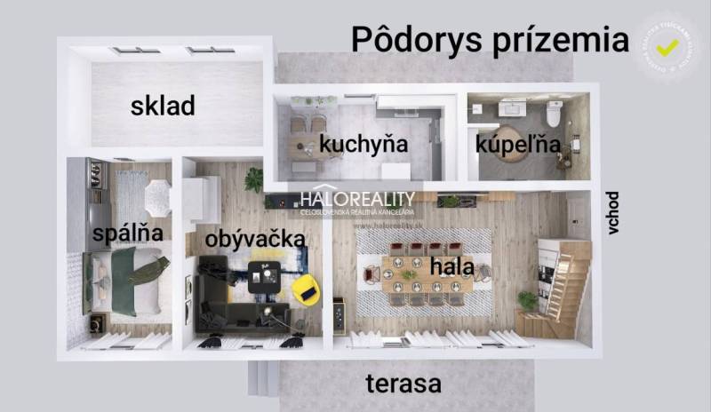 Földszinti alaprajz családi ház: hálószoba, nappali, konyha, fürdőszoba, raktár, előszoba, terasz.