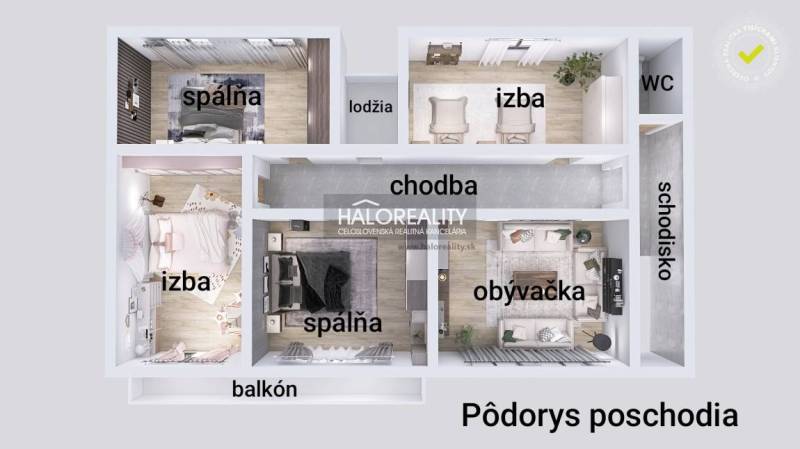 Családi ház emeleti alaprajza erkéllyel és lodzsával, amely a szobákat és a folyosót ábrázolja.