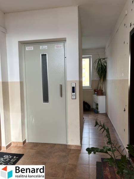 2 szobás lakás belső tere lifttel, növényekkel és fény az ablakból a folyosón.