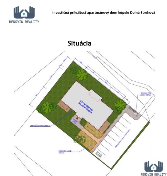 Az alsósztregovai apartmanház alaprajza, amely parkolóhelyeket és zöldterületeket jelöl.