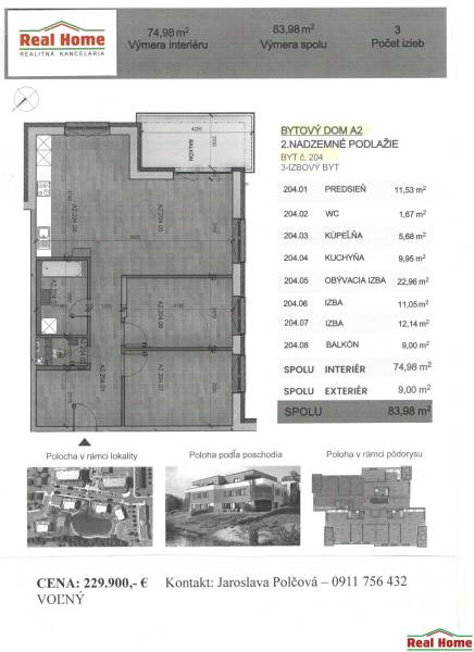 3 szobás lakás alaprajza 74,98 m²-es alapterülettel, erkéllyel és szobák elrendezésével.