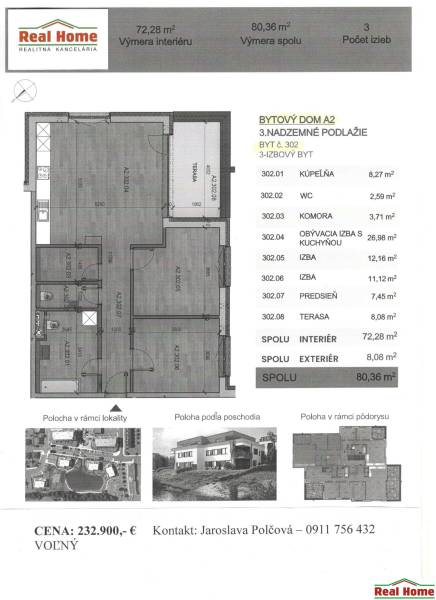 Alaprajz egy 3 szobás lakásról az emeleten, 72,28 m² alapterülettel, terasz 8,08 m².