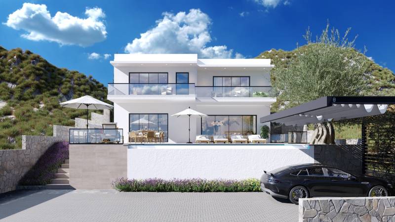 Villa Dućiban terasszal, hegyi kilátással és parkoló autóval.