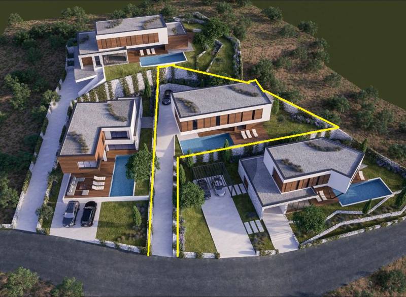 Luxusos villák medencével Vodicében, zöldövezetben, modern építészettel körülvéve.
