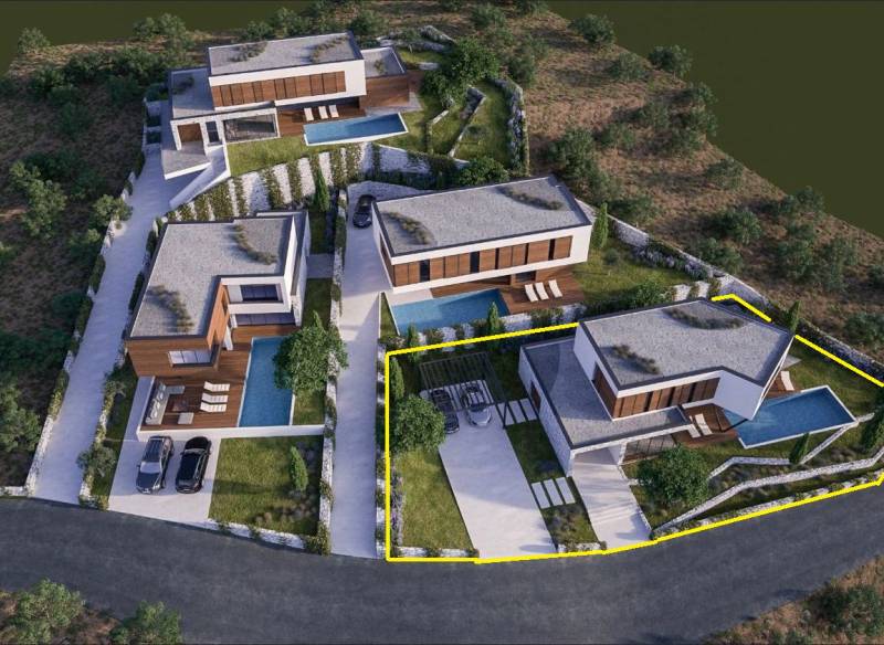 Modern villa medencével Vodicében, természettel körülvéve.