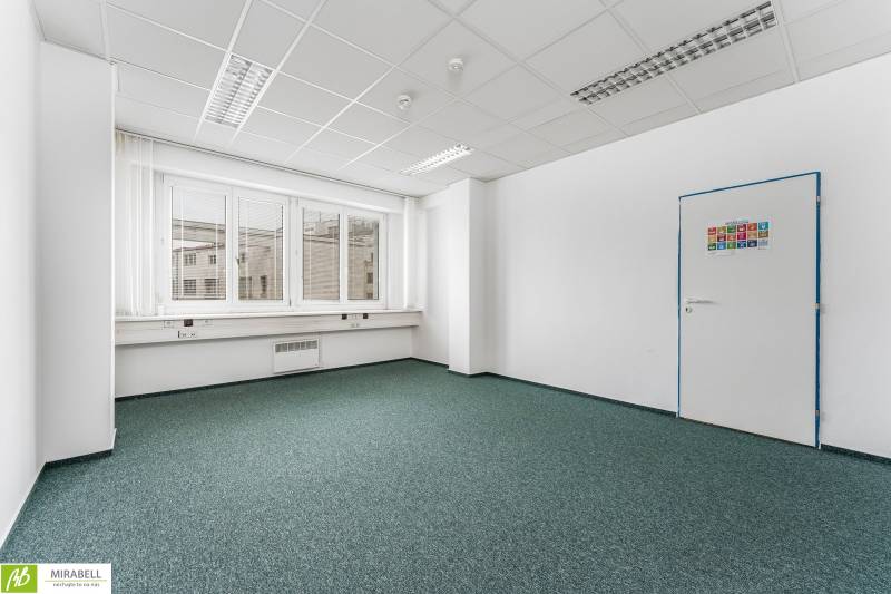 Üres iroda szőnyeggel és ablakokkal, fehér falak, zöld szőnyeg.