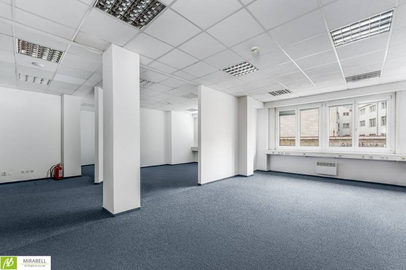 Üres irodák fehér falakkal és kék szőnyeggel, bérlésre alkalmasak.