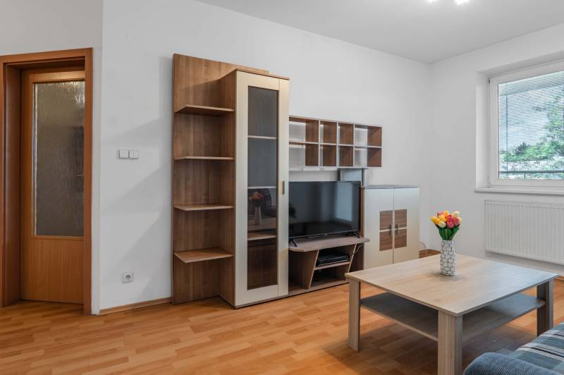 Nappali egy kétszobás lakásban, fa bútorokkal, televízióval és dohányzóasztallal.