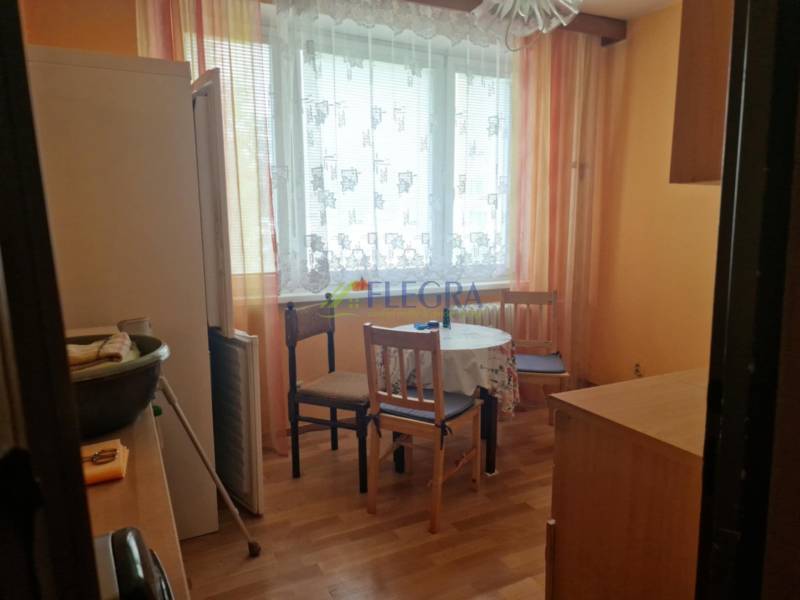 Konyha egy egyszobás lakásban asztallal, székekkel és hűtőszekrénnyel.