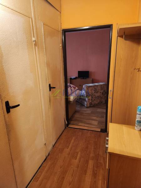 Előszoba az egyszobás lakásban, ajtókkal a nappaliba vezetve.