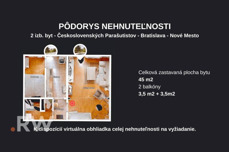 A Csehszlovák Ejtőernyősök utcában található 2 szobás lakás alaprajza, Pozsony - Újváros, 45 m², 2 erkély.