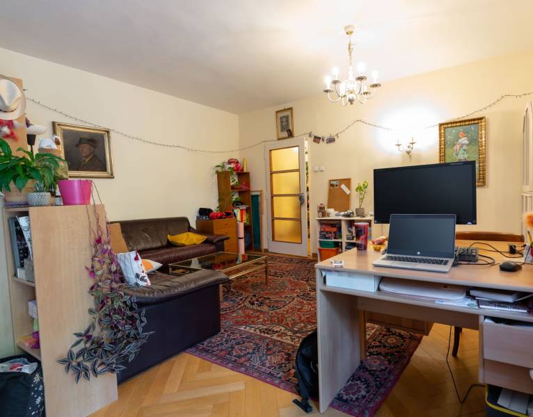 Nappali egy 4 szobás lakásban szőnyeggel és fa dekoros padlóval.